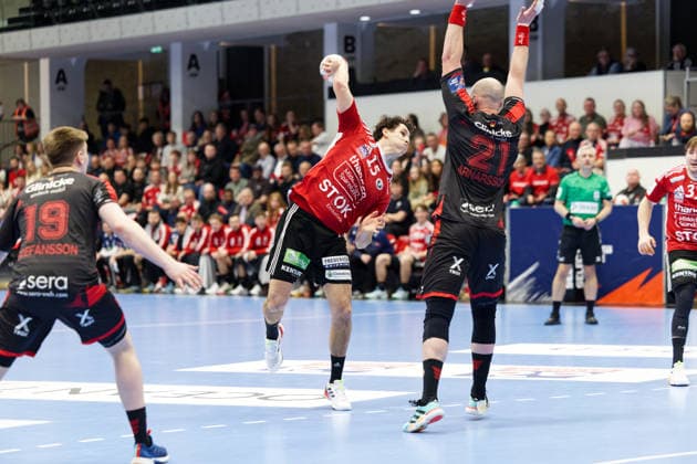 Fredericia Handball v MT Melsungen, EHF European League play-offs, Fredericia, Denmark Fredericia, Denmark. 31st, March 2026. Mads Kjeldgaard Andersen (15) of Fredericia Handball seen during the EHF European League play off match between Fredericia Handball and MT Melsungen at Middelfart Spraekasse Arena in Fredericia. Denmark, Fredericia  Copyright: xGonzalesxPhoto LauxNielsenx
