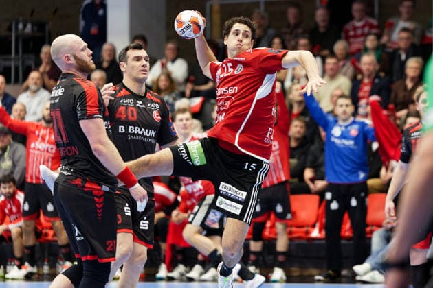 Fredericia Handball v MT Melsungen, EHF European League play-offs, Fredericia, Denmark Fredericia, Denmark. 31st, March 2026. Mads Kjeldgaard Andersen (15) of Fredericia Handball seen during the EHF European League play off match between Fredericia Handball and MT Melsungen at Middelfart Spraekasse Arena in Fredericia. Denmark, Fredericia  Copyright: xGonzalesxPhoto LauxNielsenx