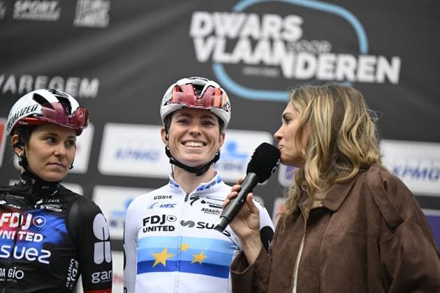 Dutch Demi Vollering of FDJ United-SUEZ pictured at the start of the women elite race of the Dwars Door Vlaanderen cycling event, 128,9km from Roeselare to Waregem, Wednesday 01 April 2026. TOM GOYVAERTS TomxGoyvaerts  x169499938x