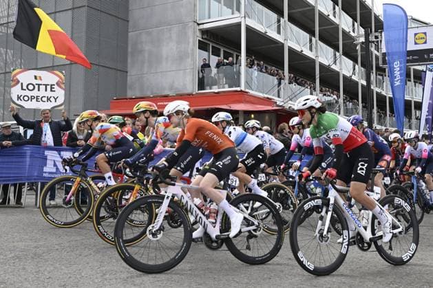 Belgian Lotte Kopecky of SD Worx-Protime, Belgian Mischa Bredewold of SD Worx-Protime, Dutch Puck Pieterse of Fenix-Premier Tech and Italian Elisa Longo Borghini of UAE Team ADQ pictured at the start of the women elite race of the Dwars Door Vlaanderen cycling event, 128,9km from Roeselare to Waregem, Wednesday 01 April 2026. TOM GOYVAERTS TomxGoyvaerts  x169503967x