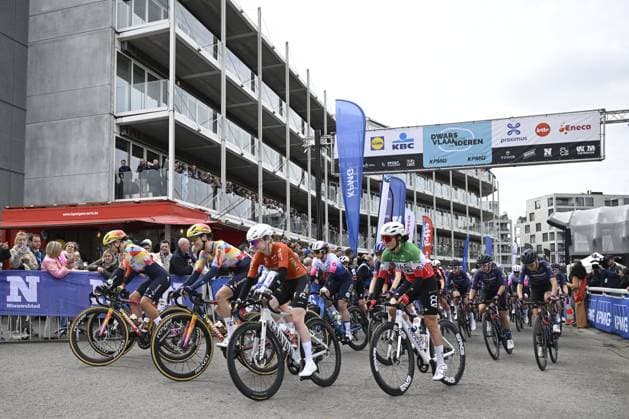 Belgian Lotte Kopecky of SD Worx-Protime, Belgian Mischa Bredewold of SD Worx-Protime, Dutch Puck Pieterse of Fenix-Premier Tech and Italian Elisa Longo Borghini of UAE Team ADQ pictured at the start of the women elite race of the Dwars Door Vlaanderen cycling event, 128,9km from Roeselare to Waregem, Wednesday 01 April 2026. TOM GOYVAERTS TomxGoyvaerts  x169504190x