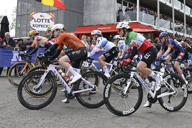Belgian Lotte Kopecky of SD Worx-Protime, Dutch Puck Pieterse of Fenix-Premier Tech, Dutch Demi Vollering of FDJ United-SUEZ and Italian Elisa Longo Borghini of UAE Team ADQ pictured at the start of the women elite race of the Dwars Door Vlaanderen cycling event, 128,9km from Roeselare to Waregem, Wednesday 01 April 2026. TOM GOYVAERTS TomxGoyvaerts  x169504731x