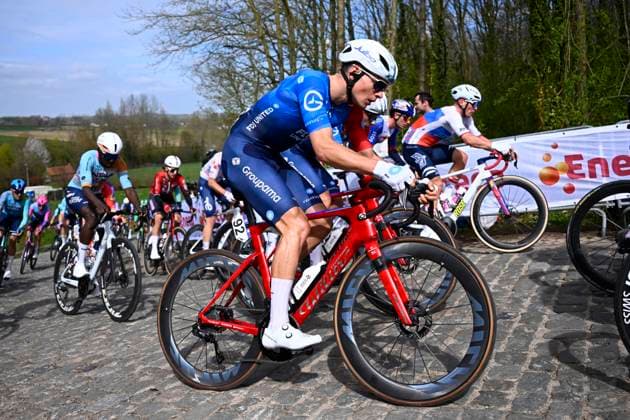 Dwars door Vlaanderen 2026 Cycling Race WAREGEM, BELGIUM - APRIL 01 : Gruel Thibaud (FRA) of Groupama - FDJ United during the 80th edition of Dwars door Vlaanderen an UCI World Tour 1.UWT one day cycling road race for Men Elite of 184 km with start in Roeselare and finish in Waregem on April 1, 2026 in Waregem, Belgium, 01 04 2026 ( Motordriver Kenny Verfaillie - Waregem Belgium  Copyright: xTomasxSiskx