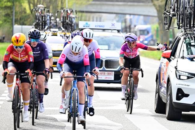 Dwars door Vlaanderen Women 2026 Cycling Race WAREGEM, BELGIUM - APRIL 01 : Gjertsen Mia (NOR) of Uno-X Mobility, Griffin Mia (IRL) of Team Picnic PostNL, Avoine Alison (FRA) of Ma Petite Entreprise, Le Mouel Celia (FRA) of Ma Petite Entreprise, Eraso Idoia (ESP) of Laboral Kutxa - Fundacion Euskadi, Soto Catalina Anais (CHI) of Laboral Kutxa - Fundacion Euskadi, Quinn Natalie (USA) of Mayenne Montana My Pie during the 80th edition of Dwars door Vlaanderen Women an UCI Women s World Tour 1.WWT one day cycling road race for Men Elite of 128 km with start in Waregem and finish in Waregem on April 1, 2026 in Waregem, Belgium, 01 04 2026 ( Motordriver Serge Seynaeve - Waregem Belgium  Copyright: xJanxDexMeuleneirx