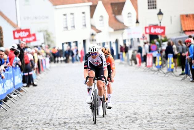 Belgian Florian Vermeersch of UAE Team Emirates-XRG, Italian Filippo Ganna of INEOS Grenadiers and New Zealander Laurence Pithie of Red Bull-BORA-hansgrohe pictured in action during the men elite race of the Dwars Door Vlaanderen cycling event, 184,6km from Roeselare to Waregem, Wednesday 01 April 2026. POOLxTOMASxSISK  x169507515x