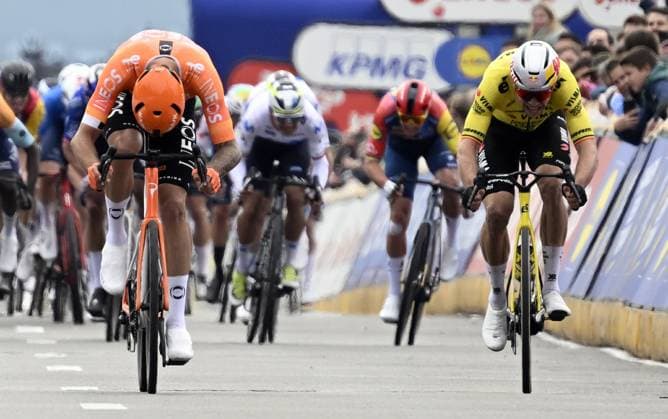 Italian Filippo Ganna of INEOS Grenadiers and Belgian Wout van Aert of Team Visma-Lease a Bike sprint to the finish of the men elite race of the Dwars Door Vlaanderen cycling event, 184,6km from Roeselare to Waregem, Wednesday 01 April 2026. TOM GOYVAERTS TomxGoyvaerts  x169508596x