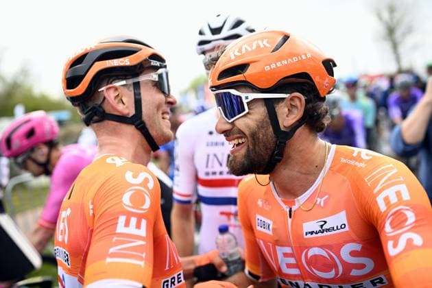 Italian Filippo Ganna of INEOS Grenadiers reacts after winning the men elite race of the Dwars Door Vlaanderen cycling event, 184,6km from Roeselare to Waregem, Wednesday 01 April 2026. JASPERxJACOBS  x169509959x
