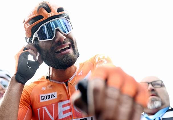 Italian Filippo Ganna of INEOS Grenadiers reacts after winning the men elite race of the Dwars Door Vlaanderen cycling event, 184,6km from Roeselare to Waregem, Wednesday 01 April 2026. JASPERxJACOBS  x169510032x