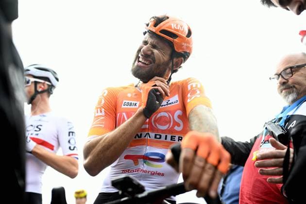 Italian Filippo Ganna of INEOS Grenadiers reacts after winning the men elite race of the Dwars Door Vlaanderen cycling event, 184,6km from Roeselare to Waregem, Wednesday 01 April 2026. JASPERxJACOBS  x169510048x