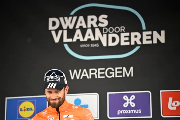 Dwars door Vlaanderen 2026 Cycling Race WAREGEM, BELGIUM - APRIL 01 : Ganna Filippo (ITA) of INEOS Grenadiers pictured during the podium ceremony of the 80th edition of Dwars door Vlaanderen an UCI World Tour 1.UWT one day cycling road race for Men Elite of 184 km with start in Roeselare and finish in Waregem on April 1, 2026 in Waregem, Belgium, 01 04 2026 ( Motordriver Kenny Verfaillie - Waregem Belgium  Copyright: xTomasxSiskx