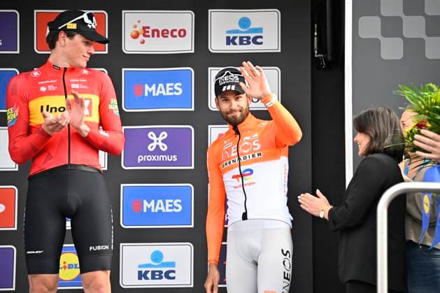 Dwars door Vlaanderen 2026 Cycling Race WAREGEM, BELGIUM - APRIL 01 : Waerenskjold Soren (NOR) of Uno-X Mobility and Ganna Filippo (ITA) of INEOS Grenadiers pictured during the podium ceremony of the 80th edition of Dwars door Vlaanderen an UCI World Tour 1.UWT one day cycling road race for Men Elite of 184 km with start in Roeselare and finish in Waregem on April 1, 2026 in Waregem, Belgium, 01 04 2026 ( Motordriver Kenny Verfaillie - Waregem Belgium  Copyright: xTomasxSiskx