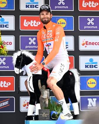 Dwars door Vlaanderen 2026 Cycling Race WAREGEM, BELGIUM - APRIL 01 : Ganna Filippo (ITA) of INEOS Grenadiers pictured during the podium ceremony of the 80th edition of Dwars door Vlaanderen an UCI World Tour 1.UWT one day cycling road race for Men Elite of 184 km with start in Roeselare and finish in Waregem on April 1, 2026 in Waregem, Belgium, 01 04 2026 ( Motordriver Kenny Verfaillie - Waregem Belgium  Copyright: xTomasxSiskx