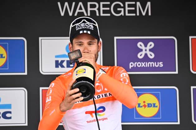 Dwars door Vlaanderen 2026 Cycling Race WAREGEM, BELGIUM - APRIL 01 : Ganna Filippo (ITA) of INEOS Grenadiers pictured during the podium ceremony of the 80th edition of Dwars door Vlaanderen an UCI World Tour 1.UWT one day cycling road race for Men Elite of 184 km with start in Roeselare and finish in Waregem on April 1, 2026 in Waregem, Belgium, 01 04 2026 ( Motordriver Kenny Verfaillie - Waregem Belgium  Copyright: xTomasxSiskx