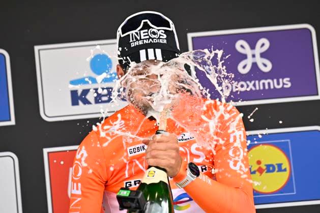 Dwars door Vlaanderen 2026 Cycling Race WAREGEM, BELGIUM - APRIL 01 : Ganna Filippo (ITA) of INEOS Grenadiers pictured during the podium ceremony of the 80th edition of Dwars door Vlaanderen an UCI World Tour 1.UWT one day cycling road race for Men Elite of 184 km with start in Roeselare and finish in Waregem on April 1, 2026 in Waregem, Belgium, 01 04 2026 ( Motordriver Kenny Verfaillie - Waregem Belgium  Copyright: xTomasxSiskx