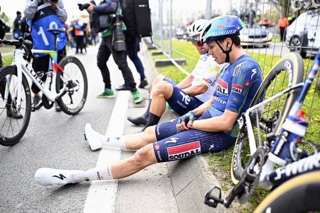 French Paul Magnier of Soudal Quick-Step reacts after the men elite race of the Dwars Door Vlaanderen cycling event, 184,6km from Roeselare to Waregem, Wednesday 01 April 2026. JASPERxJACOBS  x169512758x
