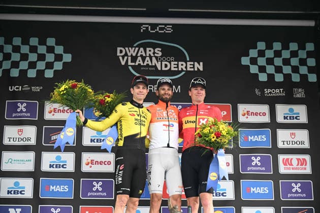 01-04-2026 Dwars Door Vlaanderen; 2026, Ineos Grenadiers; 2026, Visma - Lease A Bike; 2026, Uno X - Mobility; Ganna, Filippo; Van Aert, Wout; Waerenskjold, Soren; Waregem; 