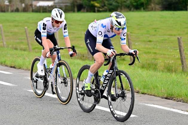 Dwars door Vlaanderen Women 2026 Cycling Race WAREGEM, BELGIUM - APRIL 01 : Vollering Demi (NED) of FDJ United - SUEZ and Reusser Marlen (SUI) of Movistar Team during the 80th edition of Dwars door Vlaanderen Women an UCI Women s World Tour 1.WWT one day cycling road race for Men Elite of 128 km with start in Waregem and finish in Waregem on April 1, 2026 in Waregem, Belgium, 01 04 2026 ( Motordriver Serge Seynaeve - Waregem Belgium  Copyright: xJanxDexMeuleneirx