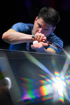 (260401) -- MACAO, April 1, 2026 -- Dimitrij Ovtcharov serves during the men s singles group match between Liang Jingkun of China and Dimitrij Ovtcharov of Germany at the ITTF Men s and Women s World Cup 2026 in Macao, China, April 1, 2026. ) (SP)CHINA-MACAO Table tennis, Tischtennis ITTF-WORLD CUP 2026-MEN S SINGLES (CN) CheongxKamxKa 