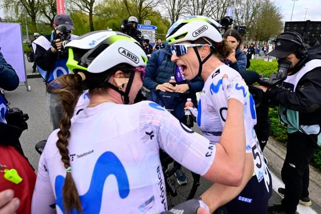 Dwars door Vlaanderen Women 2026 Cycling Race WAREGEM, BELGIUM - APRIL 01 : Reusser Marlen (SUI) of Movistar Team celebrates the victory after the 80th edition of Dwars door Vlaanderen Women an UCI Women s World Tour 1.WWT one day cycling road race for Men Elite of 128 km with start in Waregem and finish in Waregem on April 1, 2026 in Waregem, Belgium, 01 04 2026 ( Motordriver Serge Seynaeve - Waregem Belgium  Copyright: xJanxDexMeuleneirx