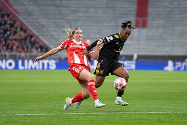 Vanessa Gilles 2 Bayern and Melvine Malard 9 Manchester in action during the UEFA Womens Champions League match FC Bayern Munich Manchester United on 01 04 2026 Munich Allianz Arena Bayern Germany