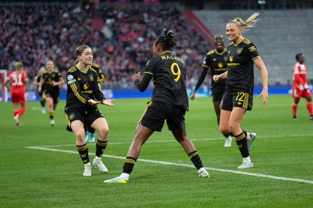 Melvine Malard 9 Manchester , Melvine Malard 9 Manchester and Fridolina Rolfö 12 Manchester celebrate scoring the 0 1 goal during the UEFA Womens Champions League match FC Bayern Munich Manchester United on 01 04 2026 Munich Allianz Arena Bayern Germany