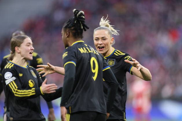 GER, Munich, Bayern Munich vs Manchester United, WomenÂs Champions League, Football, UEFA, Season 2025 2026, Allianz Arena, Quarterfinal, Second leg in picture Melvine Malard Manchester United Women 9 , goal, joy, jubilation and emotion, goal scorerd, Fridolina Rölfo Manchester United DFB DFL REGULATIONS PROHIBIT ANY USE OF PHOTOGRAPHS AS IMAGE SEQUENCES AND OR QUASI VIDEO, 01 04 2026 Copyright: HMBxMedia HendrikxHamelau
