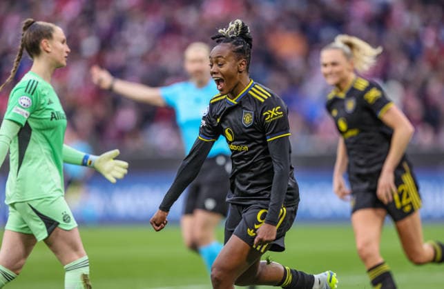 GER, Munich, Bayern Munich vs Manchester United, WomenÂs Champions League, Football, UEFA, Season 2025 2026, Allianz Arena, Quarterfinal, Second leg in picture Melvine Malard Manchester United Women 9 , Goal, joy, jubilation and emotion, goal scorerd DFB DFL REGULATIONS PROHIBIT ANY USE OF PHOTOGRAPHS AS IMAGE SEQUENCES AND OR QUASI VIDEO, 01 04 2026 Copyright: HMBxMedia HendrikxHamelau