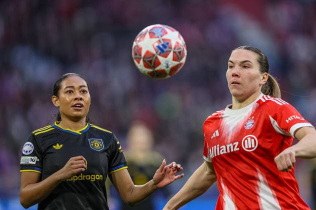 GER, Munich, Bayern Munich vs Manchester United, WomenÂs Champions League, Football, UEFA, Season 2025 2026, Allianz Arena, Quarterfinal, Second leg in picture v l Jayde Riviere Manchester United Women 14 , Vanessa Gilles Bayern Munich 2 DFB DFL REGULATIONS PROHIBIT ANY USE OF PHOTOGRAPHS AS IMAGE SEQUENCES AND OR QUASI VIDEO, 01 04 2026 Copyright: HMBxMedia HendrikxHamelau