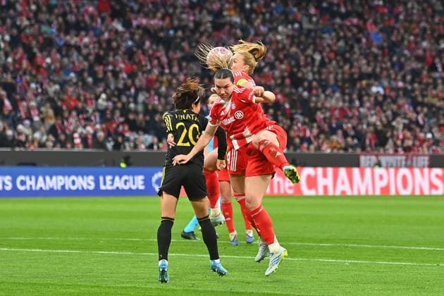 Glodis Perla VIGGOSDOTTIR FCB and Vanessa GILLES FCB , action,duel against Hinata MIYAZAWA ManU Womens Champions League quarter-final FC Bayern Munich Manchester United on 01 04 2026 A L L I A N Z A R E N A