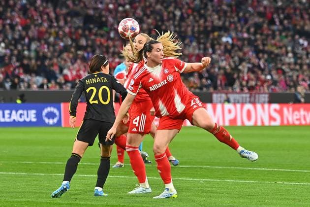 Glodis Perla VIGGOSDOTTIR FCB and Vanessa GILLES FCB , action,duel against Hinata MIYAZAWA ManU Womens Champions League quarter-final FC Bayern Munich Manchester United on 01 04 2026 A L L I A N Z A R E N A