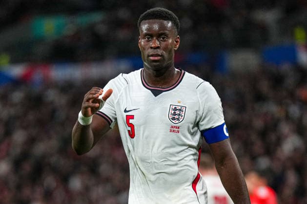 31st March 2026; Wembley Stadium, London, England; Friendly International Football, England versus Japan; Marc Gu& xe9;hi of England wearing the captains armband looking at the camera TomxMajor Content restricted for UK based newspaper