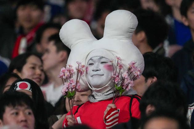 31st March 2026; Wembley Stadium, London, England; Friendly International Football, England versus Japan; A Japan fan in costume watching the game TomxMajor Content restricted for UK based newspaper