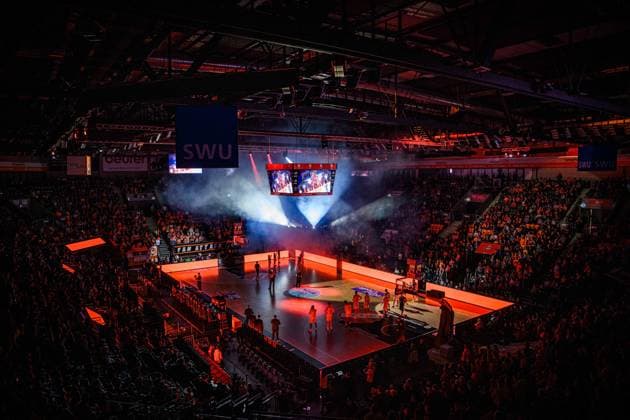 Neu Ulm, Germany, 01 04 26 general view inside the stadium during the Basketball Bundesliga match between ratiopharm ulm vs Syntainics MBC at Neu Ulm on April 1, 2026 in ratiopharm Arena, Germany Photo by Harry Langer DeFodi Images ratiopharm Arena, Germany, 01 04 26 general view inside the stadium during the Basketball Bundesliga match between ratiopharm ulm vs Syntainics MBC at Neu Ulm on April 1, 2026 in ratiopharm Arena, Germany Photo by Harry Langer DeFodi Images Photo by Harry Langer DeFodi Images