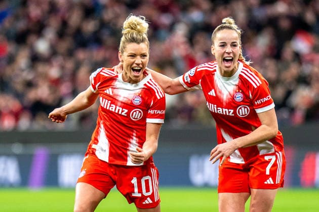 Linda Dallmann 10 FC Bayern and Giulia Gwinn 7 FC Bayern celebrate the 2-1 goal during the UEFA Womens Champions League match FC Bayern Munich Manchester United on 01 04 2026 Munich Allianz Arena Bayern Germany