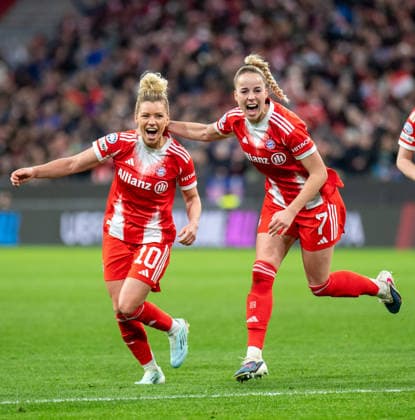 Linda Dallmann 10 FC Bayern and Giulia Gwinn 7 FC Bayern celebrate the 2-1 goal during the UEFA Womens Champions League match FC Bayern Munich Manchester United on 01 04 2026 Munich Allianz Arena Bayern Germany