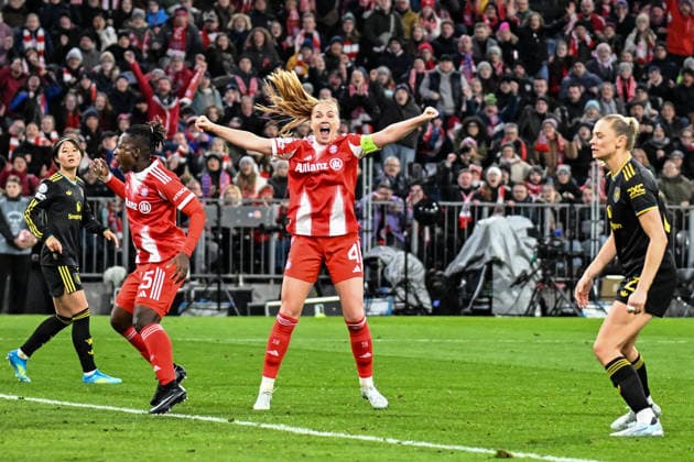Soccer I Women I Season 2025 2026 I Champions League I Quarter-finals I FC Bayern Munich Manchester United I 01 04 2026 Goal celebration Goalscorer Glodis Viggosdottir 4, FC Bayern Munich Munich Allianz Arena Werner Heisenberg Allee 25 Bayern Germany Copyright: xLobeca InesxHähnelx