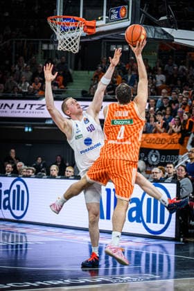 Neu Ulm, Germany, 01 04 26 Collin Welp Syntainics MBC and Christopher Ledlum ratiopharm ulm battle for the ball during the Basketball Bundesliga match between ratiopharm ulm vs Syntainics MBC at the ratiopharm Arena on April 01, 2026 in Neu Ulm, Germany Photo by Harry Langer DeFodi Images ratiopharm Arena, Germany, 01 04 26 Collin Welp Syntainics MBC and Christopher Ledlum ratiopharm ulm battle for the ball during the Basketball Bundesliga match between ratiopharm ulm vs Syntainics MBC at Neu Ulm on April 1, 2026 in ratiopharm Arena, Germany Photo by Harry Langer DeFodi Images Photo by Harry Langer DeFodi Images