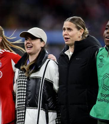 Football, Women, Womens Champions League, quarter-final second leg, 2025 2026 season, FC Bayern Munich Manchester United, Allianz Arena Sarah Zadrazil FC Bayern Munich left with Klara Bühl Buehl FC Bayern Munich right celebrating after the match in civilian clothes
