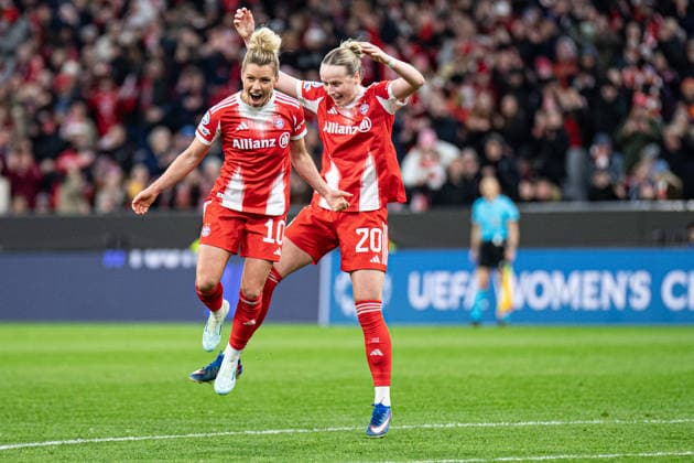 Linda Dallmann 10 FC Bayern and Franziska Kett 20 Bayern celebrate the 2-1 goal during the UEFA Womens Champions League match FC Bayern Munich Manchester United on 01 04 2026 Munich Allianz Arena Bayern Germany