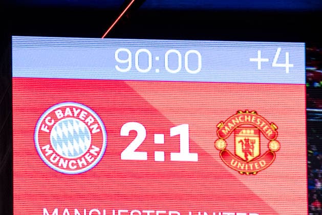 MUNICH, GERMANY - APRIL 1: Final score screen 2:1 during the UEFA Women™s Champions League Quarter final match between FC Bayern Muenchen vs. Manchester United, ManU at Allianz Arena on the 2nd leg of the UEFA Women™s Champions League Quarter finals on April 1, 2026 in Munich, Germany. Bavaria Germany Copyright: xSteffiexWunderlx