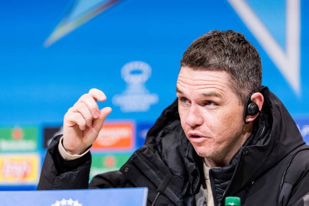MUNICH, GERMANY - APRIL 1: Marc Skinner (Head Coach Manchester United, ManU during the post game press conference, PK, Pressekonferenz after the UEFA Women™s Champions League Quarter final match between FC Bayern Muenchen vs. Manchester United at Allianz Arena on the 2nd leg of the UEFA Women™s Champions League Quarter finals on April 1, 2026 in Munich, Germany. Bavaria Germany Copyright: xSteffiexWunderlx