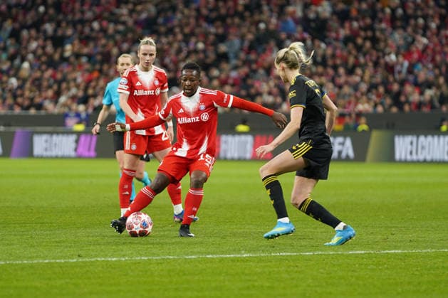 Bernadette Amani 15 Bayern in action at the UEFA Womens Champions League match FC Bayern Munich Manchester United on 01 04 2026 Munich Allianz Arena Bayern Germany