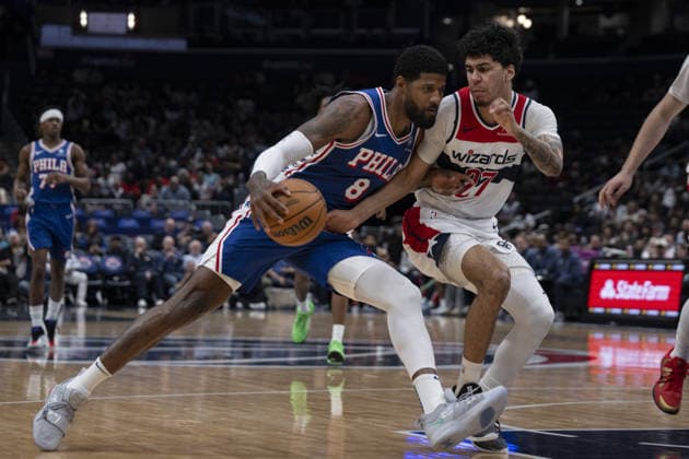 Philadelphia 76ers vs Washington Wizards - NBA, Basketball Herren, USA WASHINGTON DC, UNITED STATES - APRIL 1 : Will Riley (27) of Washington Wizards in action against Paul George (8) of Philadelphia 76ers during the NBA basketball game between Philadelphia 76ers and Washington Wizards at the Capital One Arena on April 1, 2026 in Washington DC, United States. Celal Gunes Anadolu Washington United States. Editorial use only. Please get in touch for any other usage.  Copyright: x2026xAnadoluxCelalxGunesx