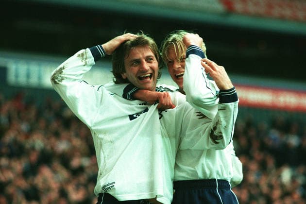 Tottenham Hotspur V Aston Villa, Premier League Tim Sherwood of Tottenham Hotspur and Steffen Iverson of Tottenham Hotspur celebrate during the Premier League match between Tottenham Hotspur and Aston Villa at White Hart Lane on March 13, 1999 in London, England. London White Hart Lane England United Kingdom Copyright: xAllstarxPicturexLibraryxLtdx