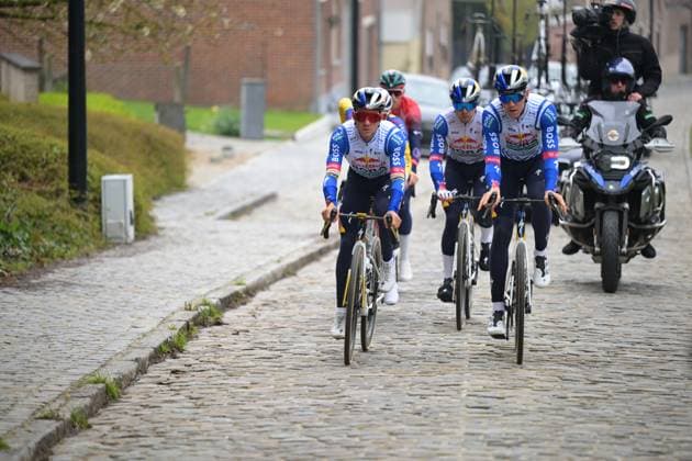 Belgian Remco Evenepoel of Red Bull-BORA-hansgrohe (L) pictured at a track reconaissance ahead of the Ronde van Vlaanderen Tour des Flandres Tour of Flanders cycling race, Thursday 02 April 2026. The 110th edition of the cycling race will take place on Sunday 05 April. DAVIDxPINTENS  x169578095x