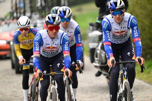 Ronde van Vlaanderen 2026 Cycling Race Media Activities 02 04 2026 OUDENAARDE, BELGIUM - APRIL 02 : Evenepoel Remco (BEL) of Red Bull BORA Hansgrohe and teammates riding during a training and reconnaissance session ahead of the 110th edition of Ronde van Vlaanderen an UCI World Tour 1.UWT one day cycling road race for Men Elite of 271 km with start in Antwerpen and finish in Oudenaarde on April 2, 2026 in Oudenaarde, Belgium, 02 04 2026 ( Motordriver Guy De Vuyst - Oudenaarde Belgium  Copyright: xNicoxVereeckenx