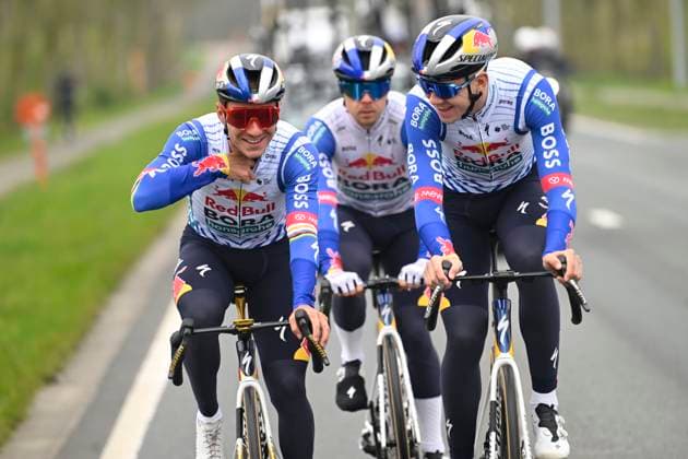 Ronde van Vlaanderen 2026 Cycling Race Media Activities 02 04 2026 OUDENAARDE, BELGIUM - APRIL 02 : Evenepoel Remco (BEL) of Red Bull BORA Hansgrohe, Drizners Jarrad (AUS) of Red Bull BORA Hansgrohe, Tratnik Jan (SLO) of Red Bull BORA Hansgrohe riding during a training and reconnaissance session ahead of the 110th edition of Ronde van Vlaanderen an UCI World Tour 1.UWT one day cycling road race for Men Elite of 271 km with start in Antwerpen and finish in Oudenaarde on April 2, 2026 in Oudenaarde, Belgium, 02 04 2026 ( Motordriver Guy De Vuyst - Oudenaarde Belgium  Copyright: xNicoxVereeckenx