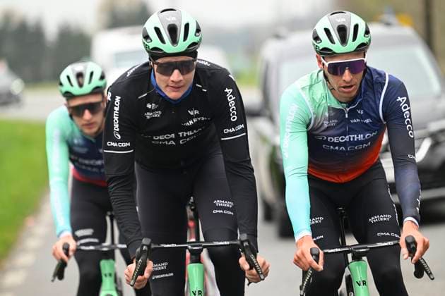 Ronde van Vlaanderen 2026 Cycling Race Media Activities 02 04 2026 OUDENAARDE, BELGIUM - APRIL 02 : Naesen Oliver (BEL) of Decathlon CMA CGM Team and Hoole Daan (NED) of Decathlon CMA CGM Team riding during a training and reconnaissance session ahead of the 110th edition of Ronde van Vlaanderen an UCI World Tour 1.UWT one day cycling road race for Men Elite of 271 km with start in Antwerpen and finish in Oudenaarde on April 2, 2026 in Oudenaarde, Belgium, 02 04 2026 ( Motordriver Guy De Vuyst - Oudenaarde Belgium  Copyright: xNicoxVereeckenx