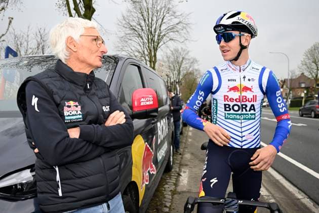 Ronde van Vlaanderen 2026 Cycling Race Media Activities 02 04 2026 OUDENAARDE, BELGIUM - APRIL 02 : Peiper Allan and Drizners Jarrad (AUS) of Red Bull BORA Hansgrohe riding during a training and reconnaissance session ahead of the 110th edition of Ronde van Vlaanderen an UCI World Tour 1.UWT one day cycling road race for Men Elite of 271 km with start in Antwerpen and finish in Oudenaarde on April 2, 2026 in Oudenaarde, Belgium, 02 04 2026 ( Motordriver Guy De Vuyst - Oudenaarde Belgium  Copyright: xNicoxVereeckenx