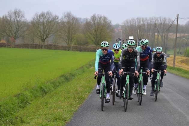 Decathlon CMA CGM Team riders pictured at a track reconaissance ahead of the Ronde van Vlaanderen Tour des Flandres Tour of Flanders cycling race, Thursday 02 April 2026. The 110th edition of the cycling race will take place on Sunday 05 April. DAVIDxPINTENS  x169580950x